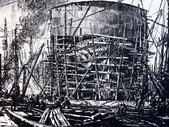 Sir Muirhead Bone (1876-1953) Ship building scenes 20 x 15in. & 15 x 20.5in., unframed